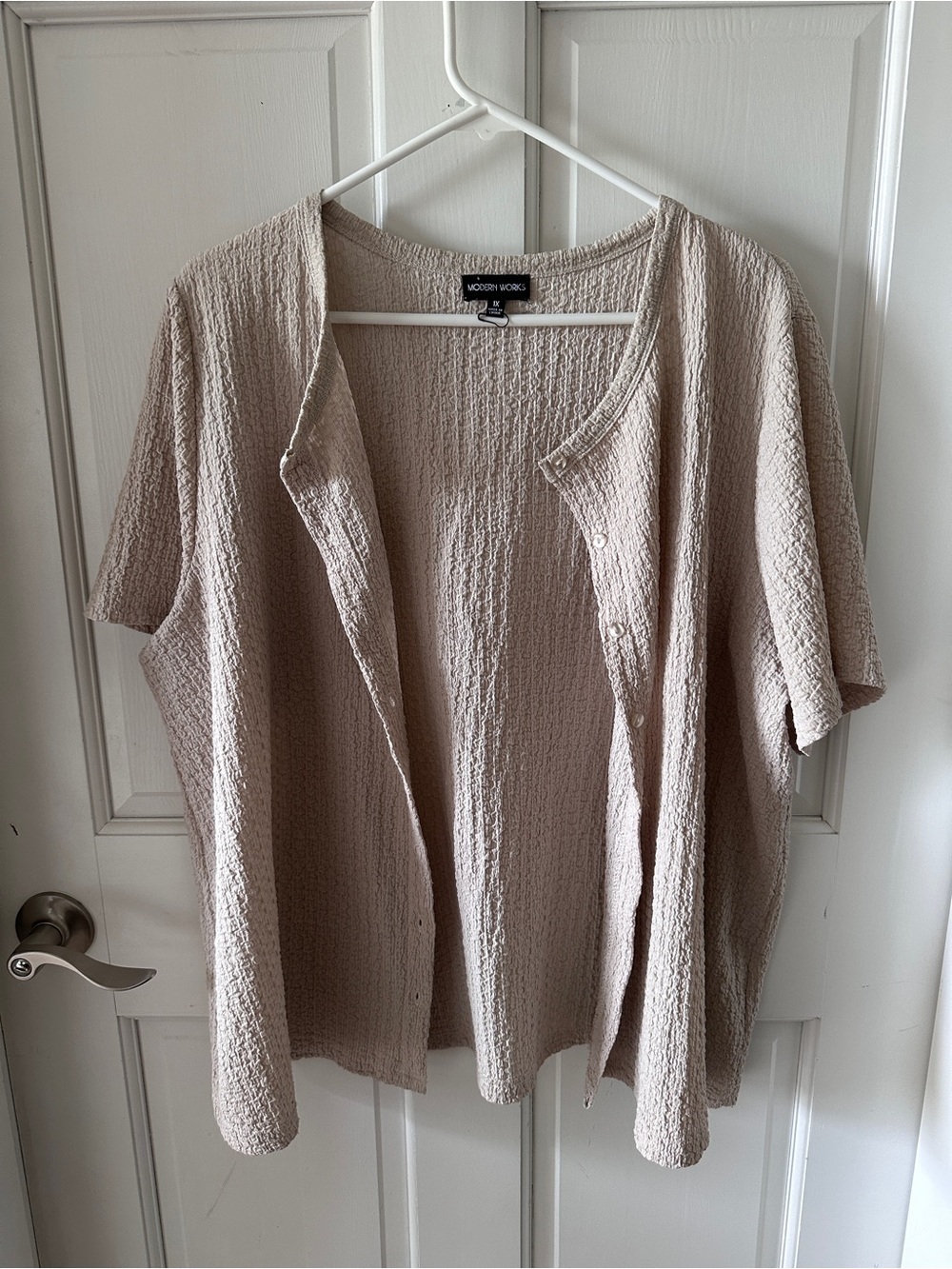 Modern Works Beige Textured Crinkle Short Sleeve Blouse Plus Size 1X